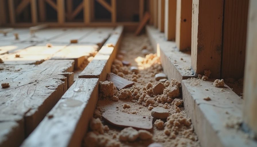Floor framing inspection — a key step before cosmetic flooring work Exposed floor joists and subfloor in an older home being evaluated for strength before new flooring is installed.