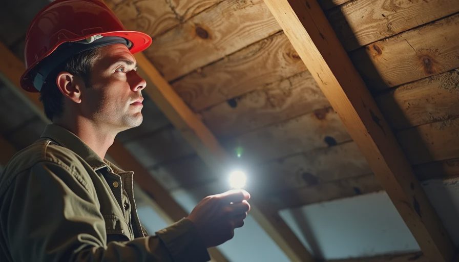 Roofing contractor inspecting the underside of older roof decking from the attic before preparing a proposal.