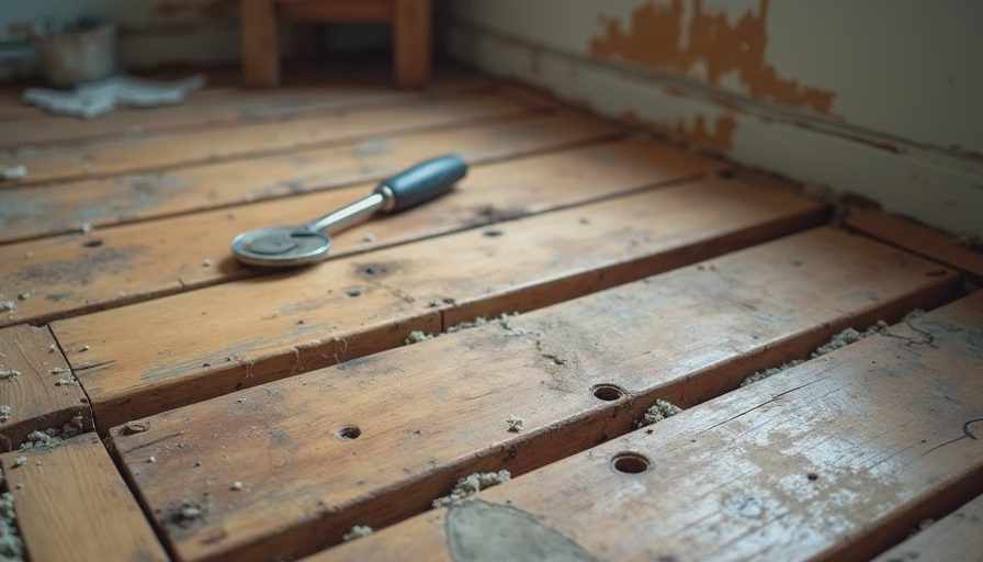 Exposed subfloor in an older home kitchen being checked for moisture damage before new flooring and cabinets are installed.