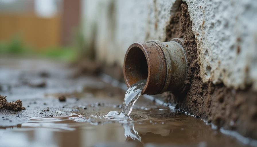 Short downspout extension ending near the foundation of an older home, directing roof water back toward the walls.