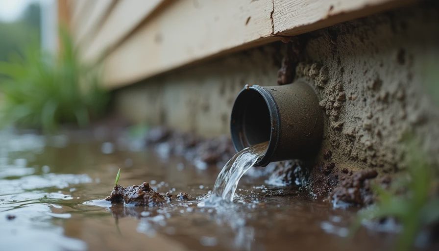 Downspout discharging water directly against the foundation of an older home, a frequent cause of basement moisture.