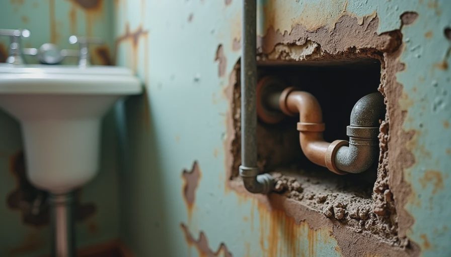Wall cavity around plumbing in an older home bathroom opened for inspection before new tile and fixtures are installed.