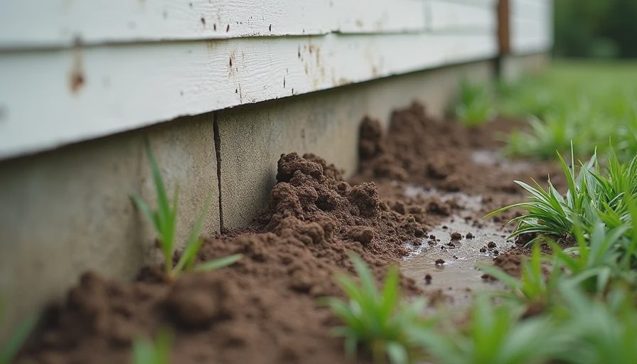 Ground sloping toward the foundation of an older home, allowing water from downspouts and surface runoff to collect against the walls.