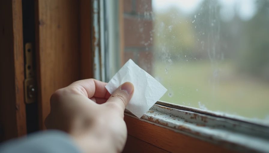 Simple draft test at an older window using a tissue or hand to detect air movement along the sash.
