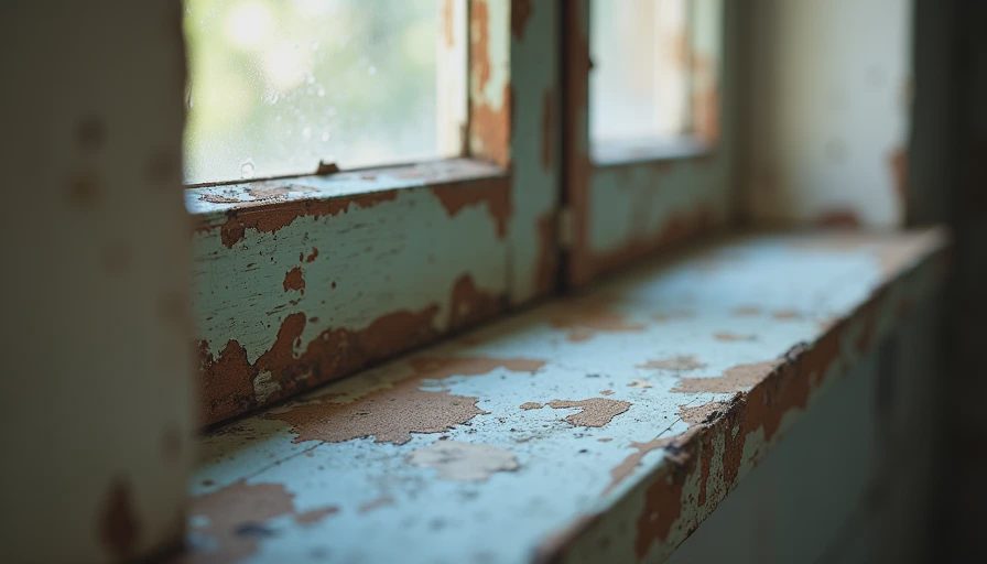 Soft window sill — one of the first signs of failure before water damage expands Close-up of a soft or discolored window sill on an older home, an early indicator of window failure.
