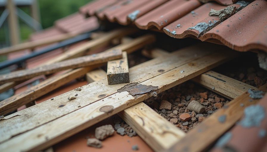 Section of older home roof opened for repair, showing replacement of damaged decking after a small problem became structural.