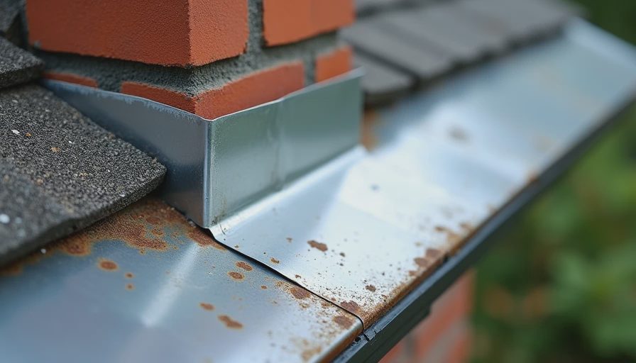 Detail of roof flashing condition that affects repair versus replacement decisions Close-up of aging metal flashing around a chimney on an older home roof, showing seams and surface wear.