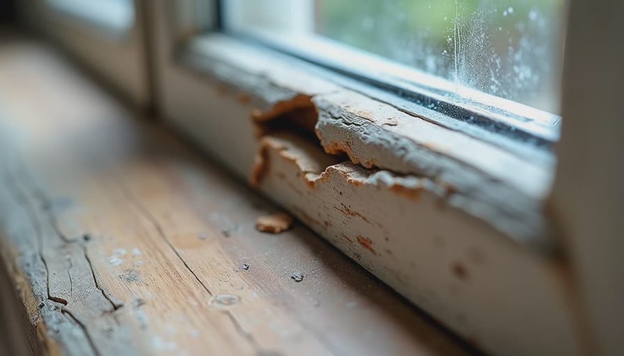 Close-up of worn weatherstripping on an older window sash, a common source of energy-robbing drafts.