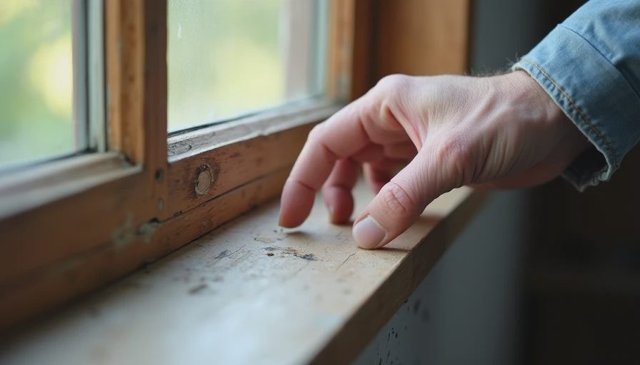 Contractor assessing the condition of an older window frame and sill before recommending repair or replacement.