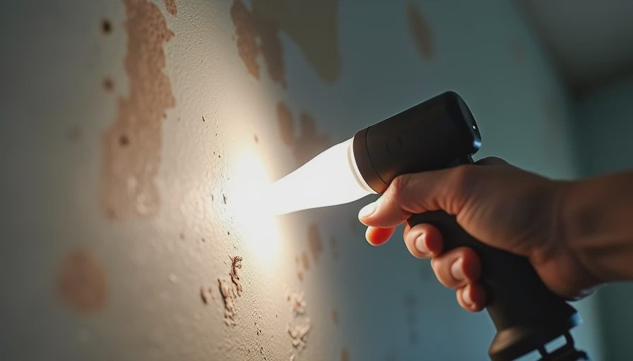 Checking moisture sources that should be fixed before cosmetic finishes Inspector or homeowner checking for moisture staining in an older home wall or ceiling before renovation starts.