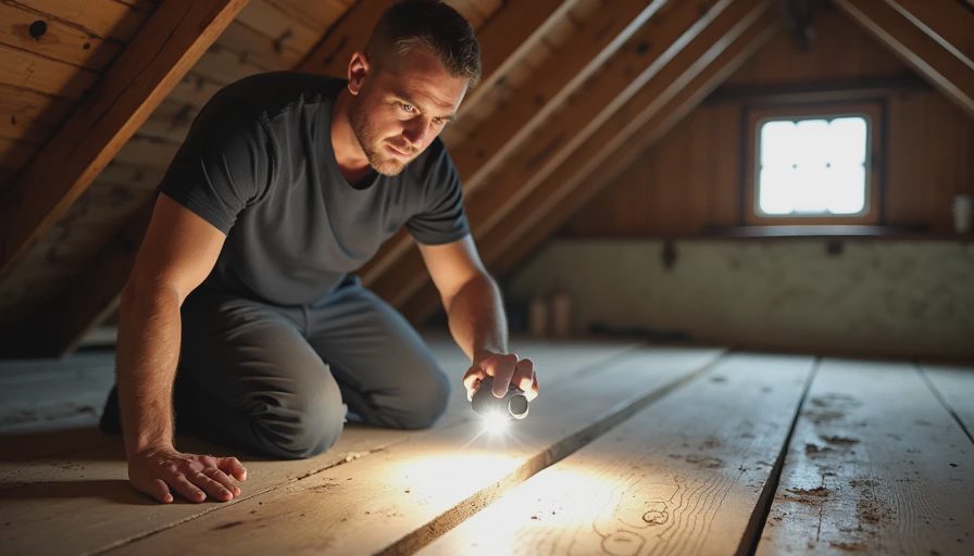 Attic view of older roof decking during a moisture and structure check Homeowner inspecting the underside of an older roof deck from the attic, checking for stains and soft spots with a flashlight.