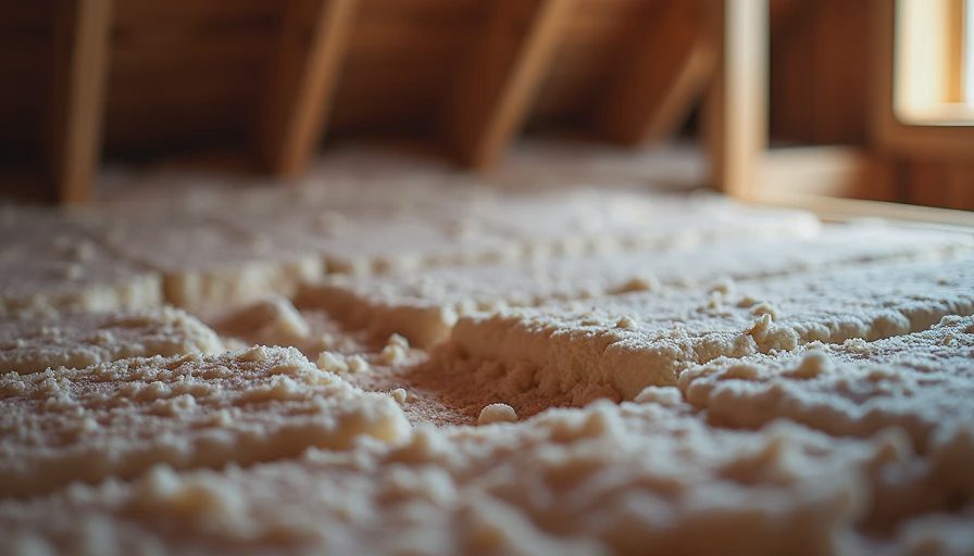 Attic insulation and air-sealing conditions that affect HVAC sizing and performance Attic floor of an older home showing thin insulation and potential air-leakage points that increase HVAC load.