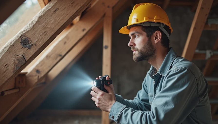 Contractor inspecting attic or structural details of an older home as part of a thorough pre-proposal assessment.