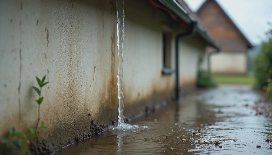 Overflowing gutter above a stained foundation wall on an older home, showing the path from roofline to basement moisture risk.