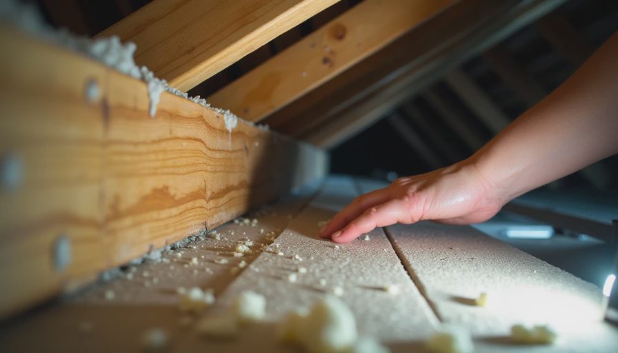 Soft roof decking in the attic — one indicator a roof issue is bigger than it looks Attic view of soft or stained roof decking on an older home, showing a sign that the roof problem extends to the structural surface.