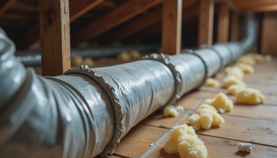Exposed ductwork in an older home attic or basement being evaluated for leakage and insulation as part of an HVAC decision.
